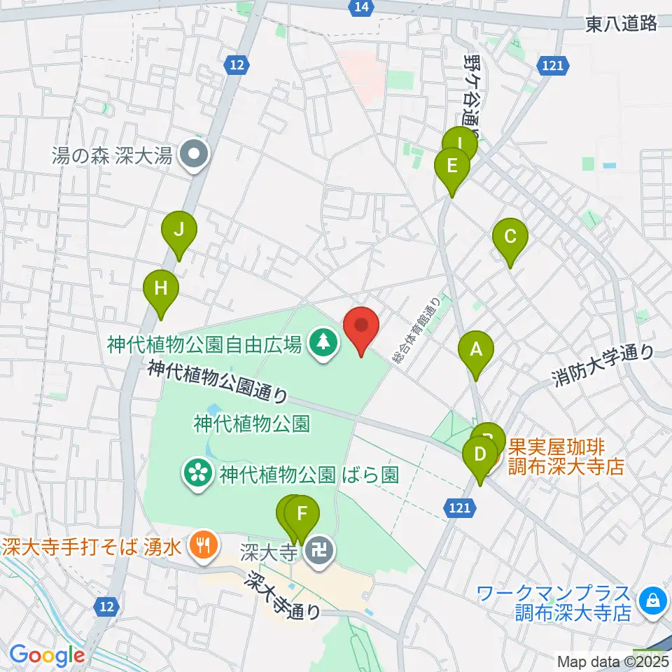 調布市総合体育館周辺のファミレス・ファーストフード一覧地図