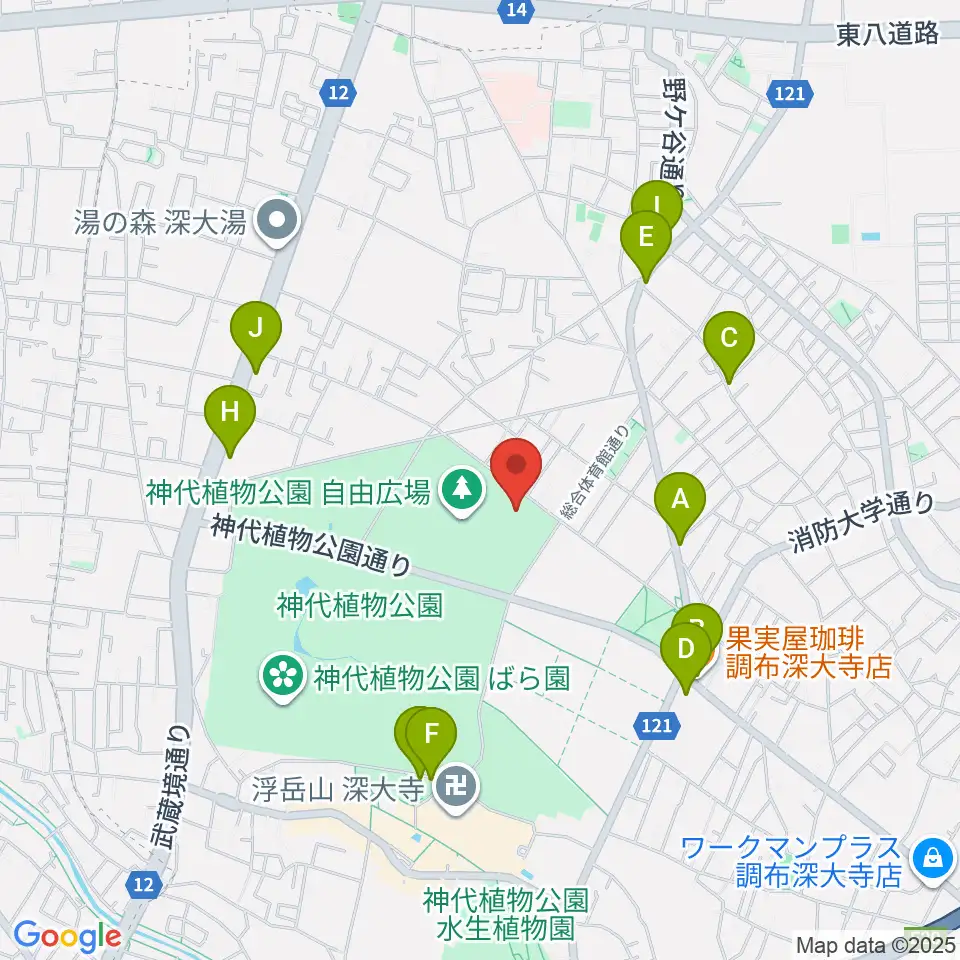 調布市総合体育館周辺のファミレス・ファーストフード一覧地図