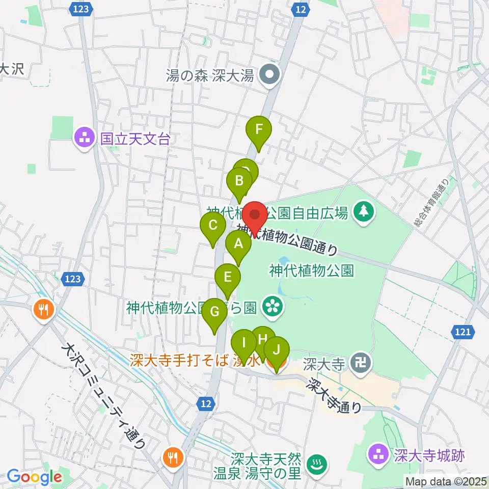 神代植物公園周辺のファミレス・ファーストフード一覧地図