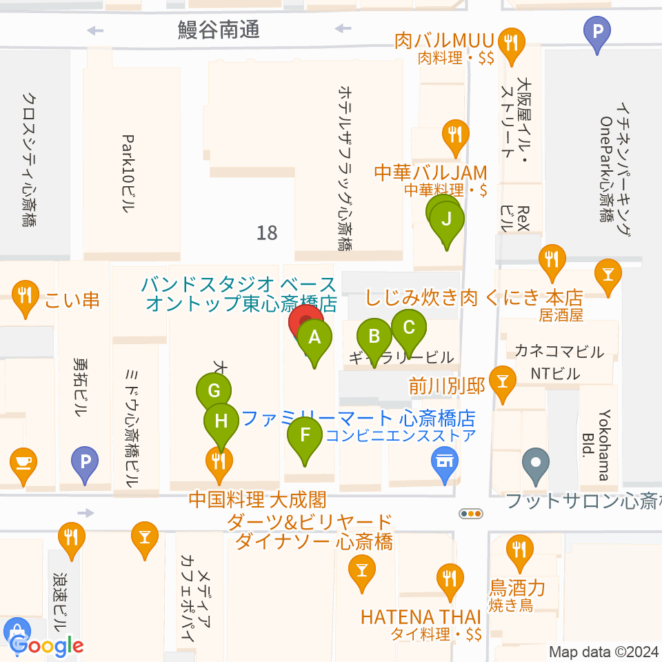 ベースオントップ東心斎橋店周辺のファミレス・ファーストフード一覧地図