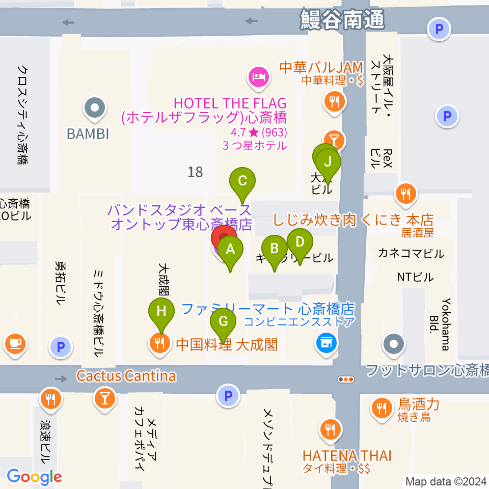 ベースオントップ東心斎橋店周辺のファミレス・ファーストフード一覧地図