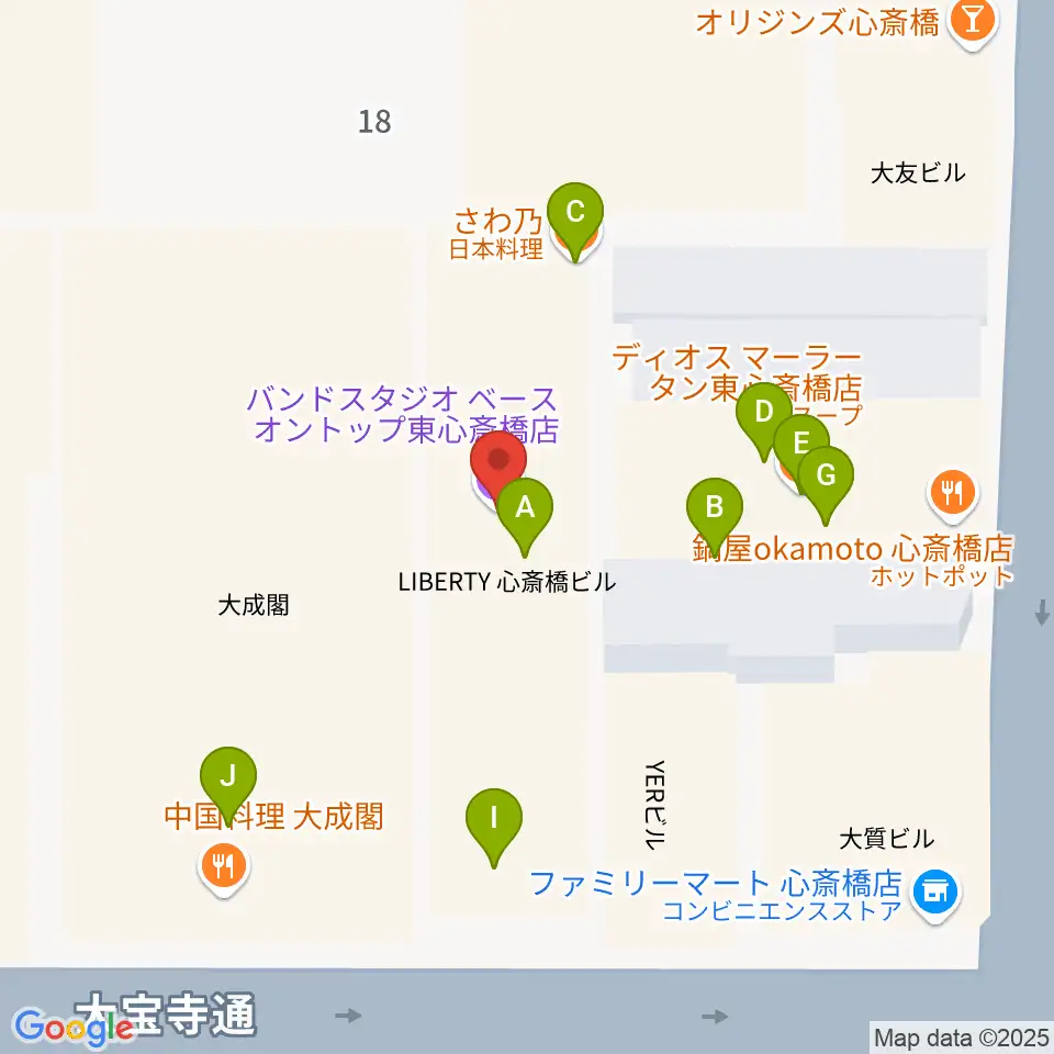ベースオントップ東心斎橋店周辺のファミレス・ファーストフード一覧地図