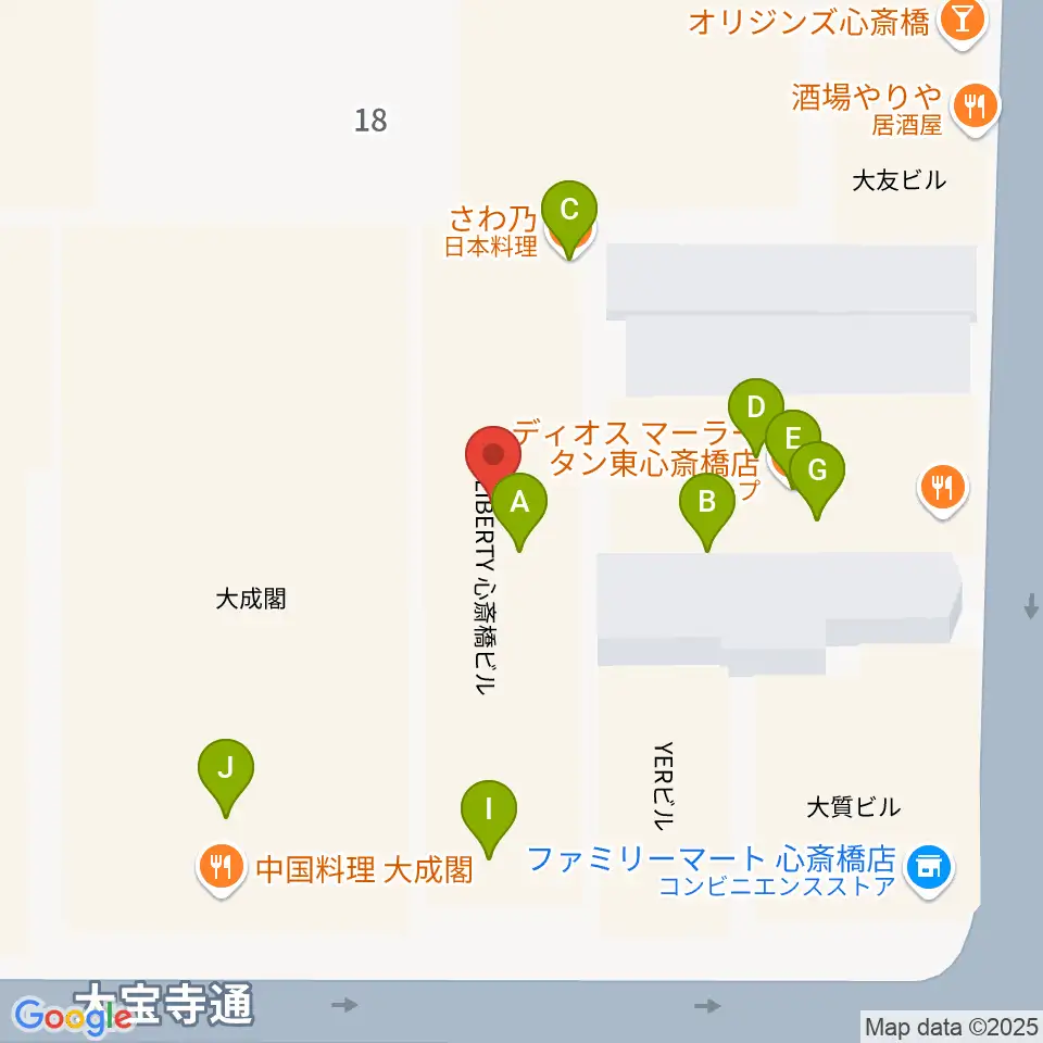 ベースオントップ東心斎橋店周辺のファミレス・ファーストフード一覧地図