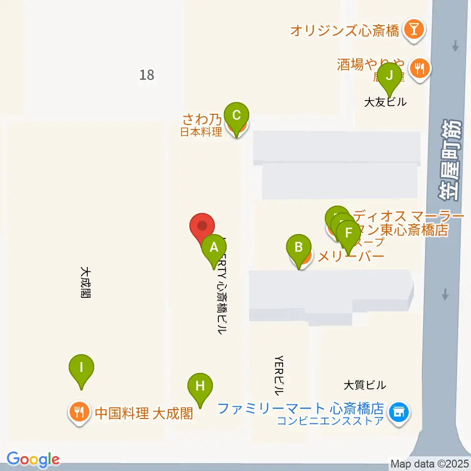 ベースオントップ東心斎橋店周辺のファミレス・ファーストフード一覧地図