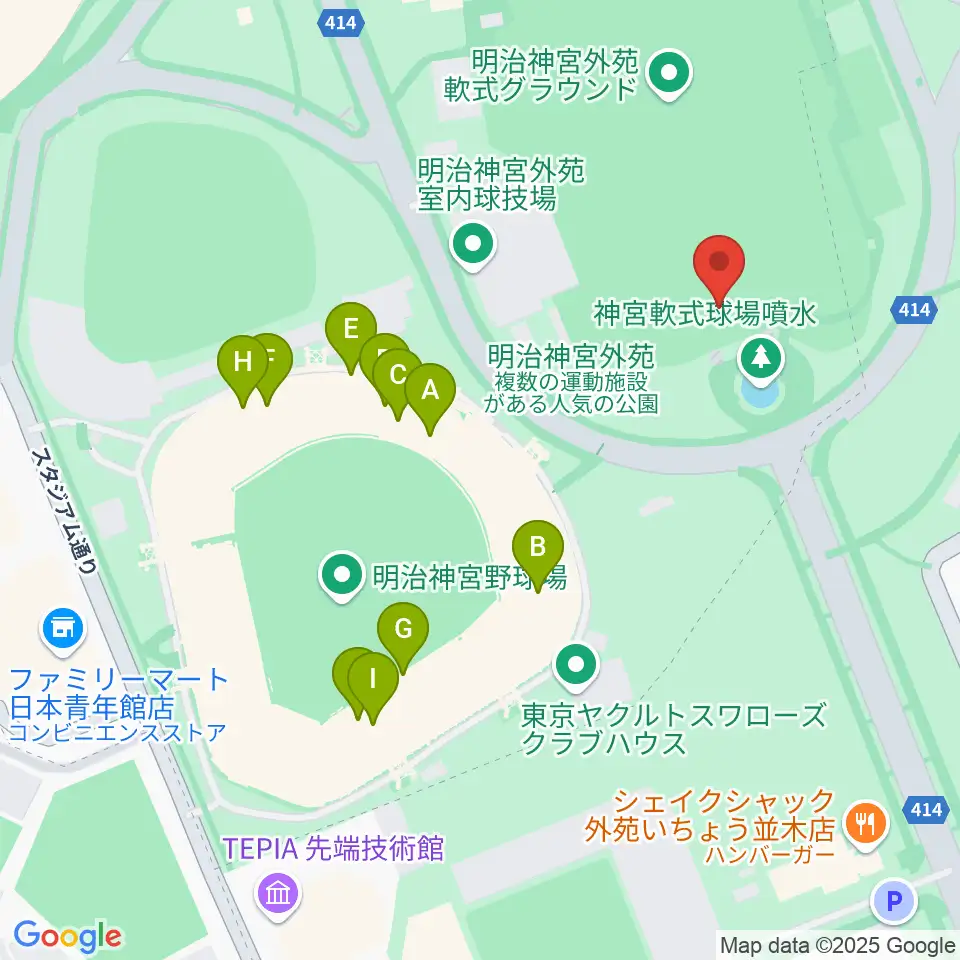 明治神宮外苑軟式球場周辺のファミレス・ファーストフード一覧地図