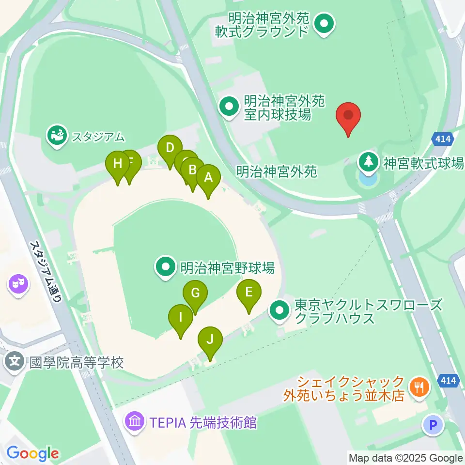 明治神宮外苑軟式球場周辺のファミレス・ファーストフード一覧地図