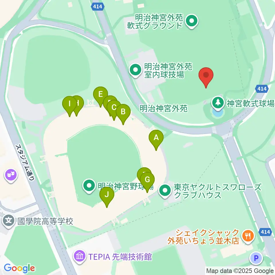 明治神宮外苑軟式球場周辺のファミレス・ファーストフード一覧地図