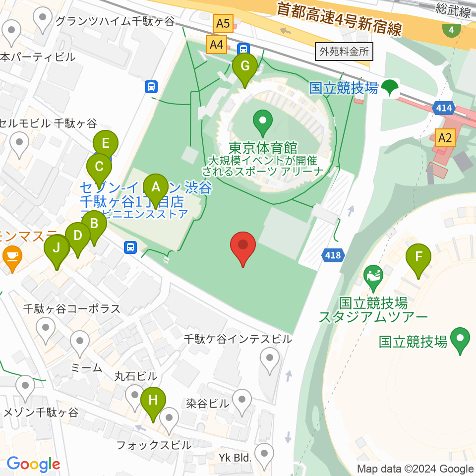 東京体育館フットサルコート周辺のファミレス・ファーストフード一覧地図