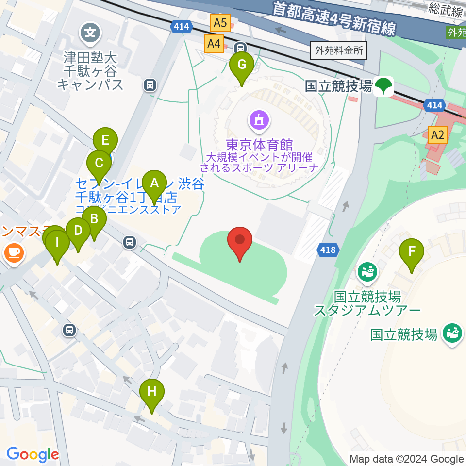 東京体育館フットサルコート周辺のファミレス・ファーストフード一覧地図