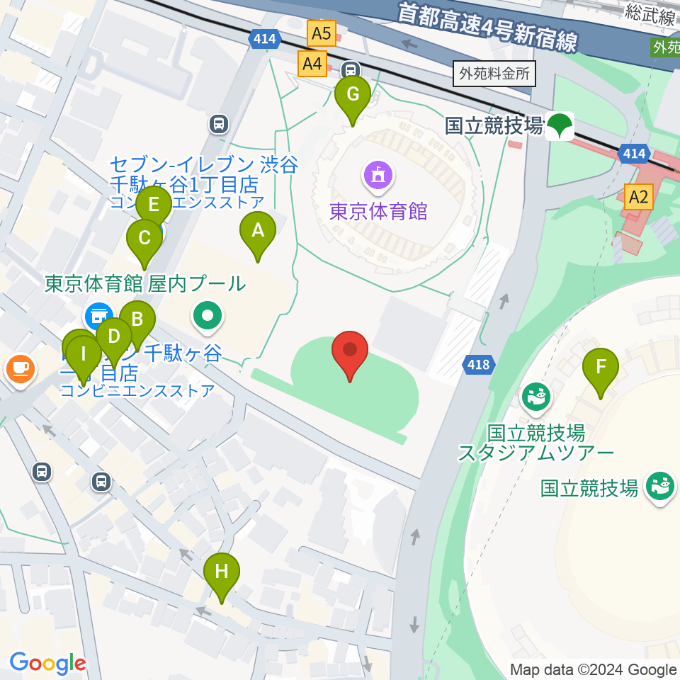 東京体育館フットサルコート周辺のファミレス・ファーストフード一覧地図