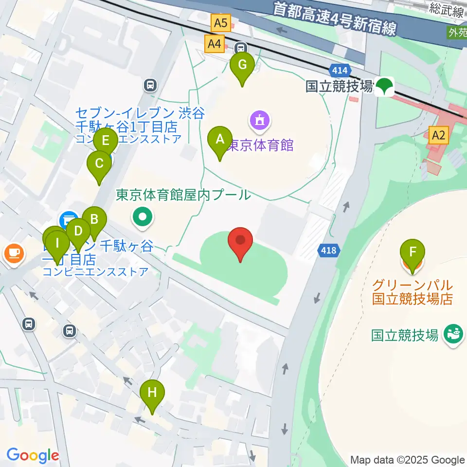 東京体育館フットサルコート周辺のファミレス・ファーストフード一覧地図