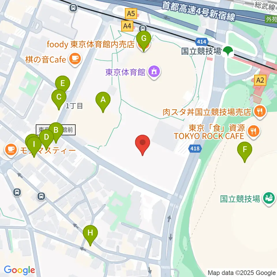 東京体育館フットサルコート周辺のファミレス・ファーストフード一覧地図