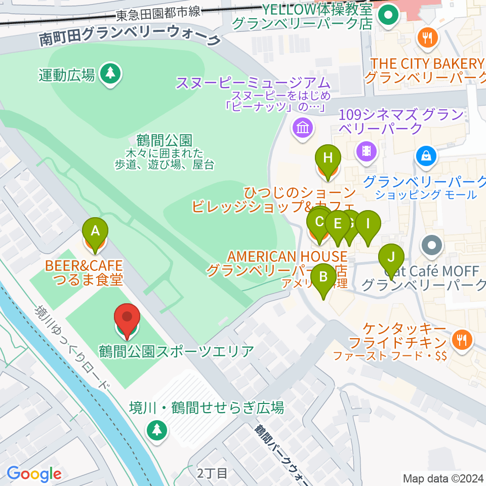 鶴間公園グラウンド周辺のファミレス・ファーストフード一覧地図