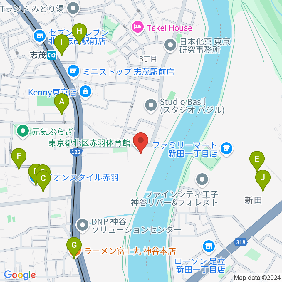 赤羽体育館周辺のファミレス・ファーストフード一覧地図