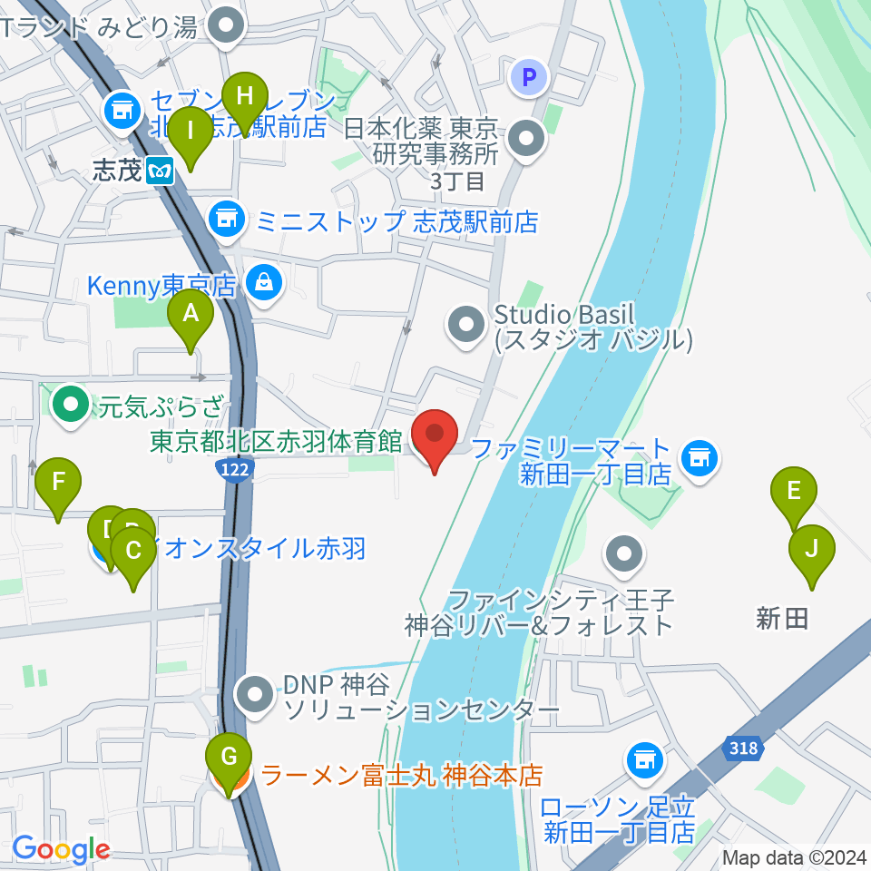 赤羽体育館周辺のファミレス・ファーストフード一覧地図