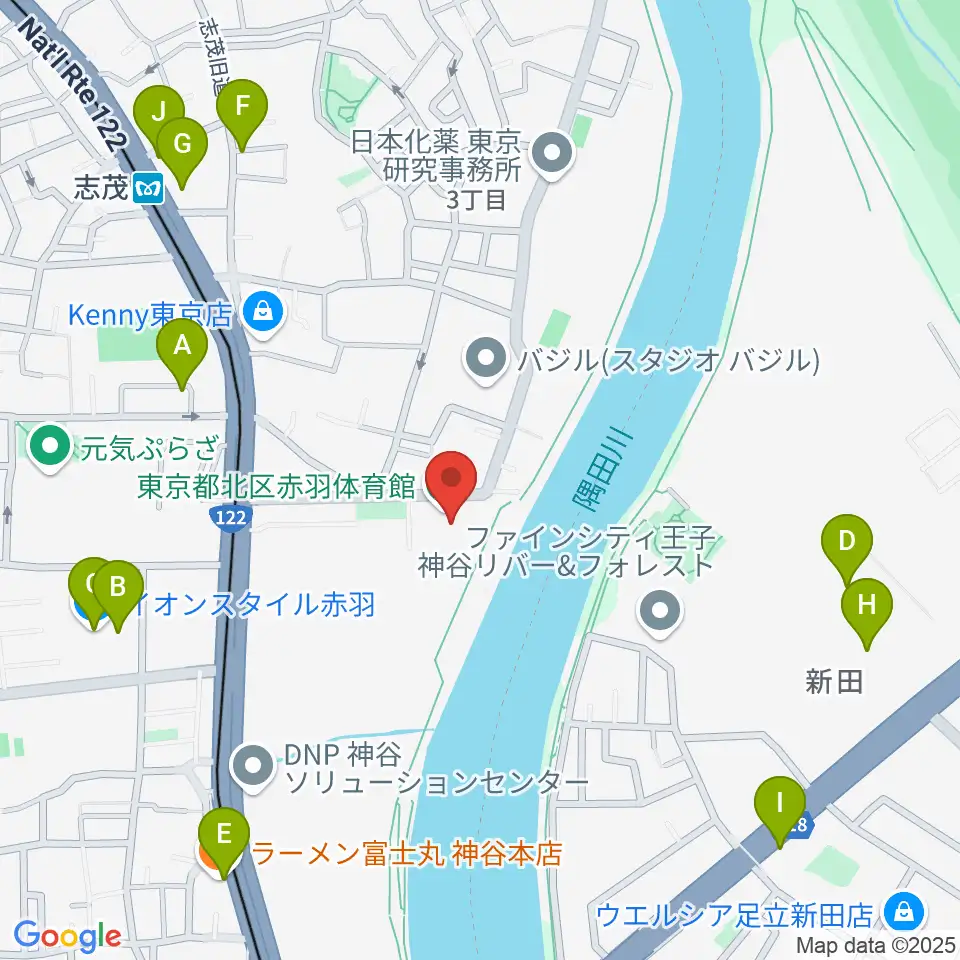 赤羽体育館周辺のファミレス・ファーストフード一覧地図