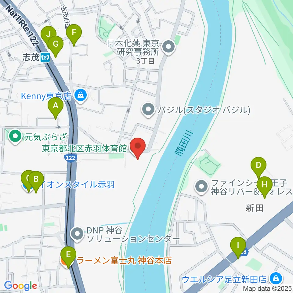 赤羽体育館周辺のファミレス・ファーストフード一覧地図