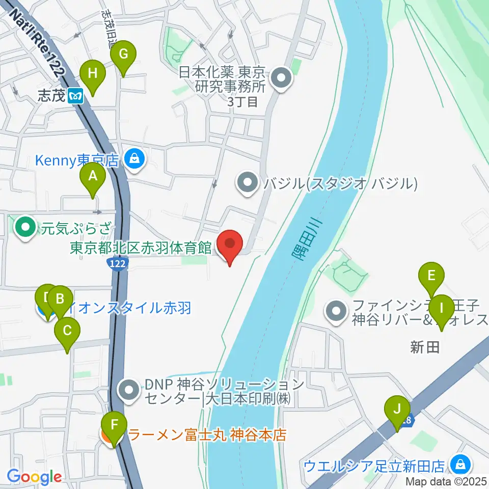 赤羽体育館周辺のファミレス・ファーストフード一覧地図