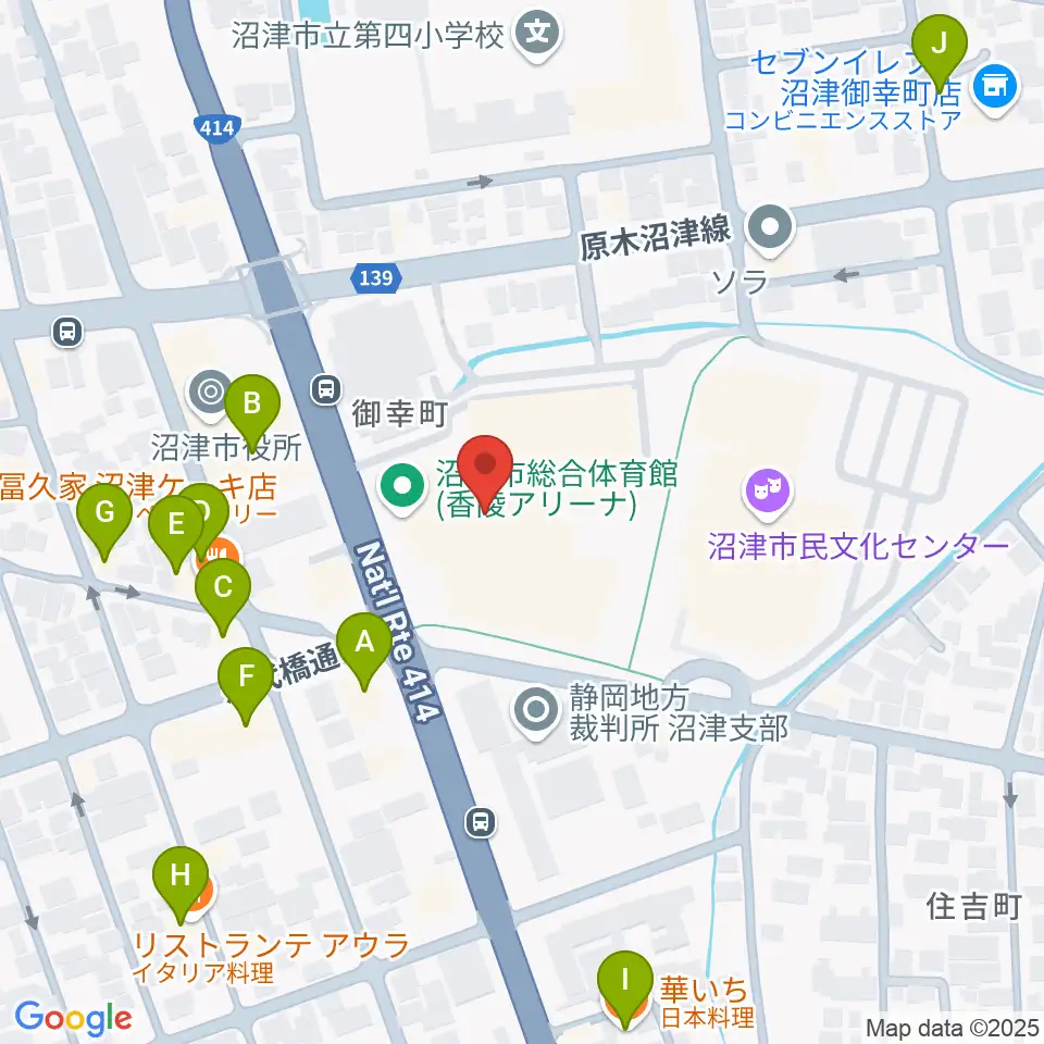 香陵アリーナ 沼津市総合体育館周辺のファミレス・ファーストフード一覧地図