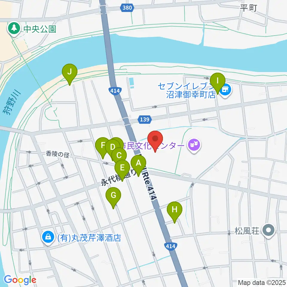 香陵アリーナ 沼津市総合体育館周辺のファミレス・ファーストフード一覧地図