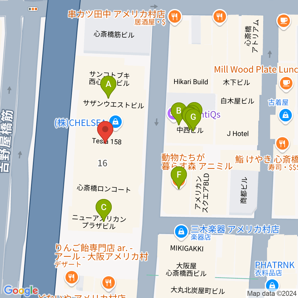 ベースオントップ アメ村店周辺のファミレス・ファーストフード一覧地図