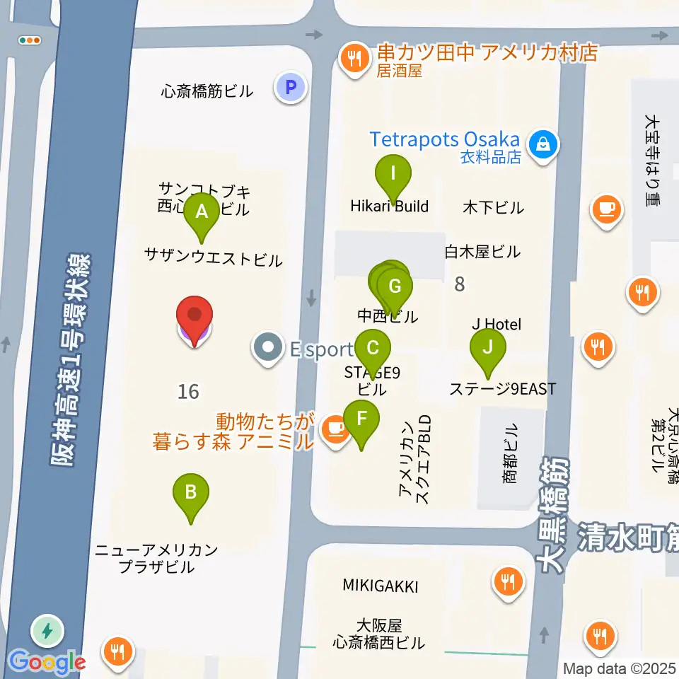 ベースオントップ アメ村店周辺のファミレス・ファーストフード一覧地図