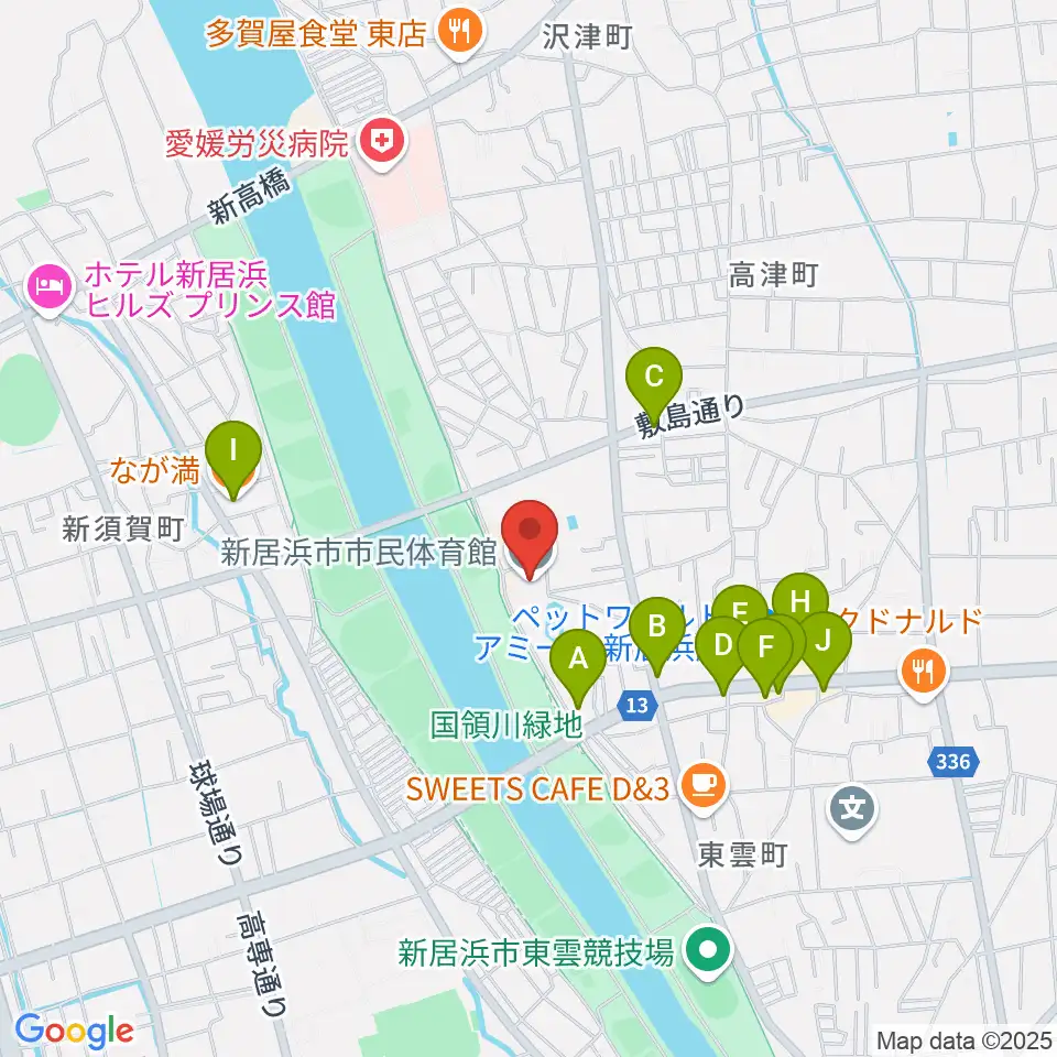 新居浜市市民体育館周辺のファミレス・ファーストフード一覧地図