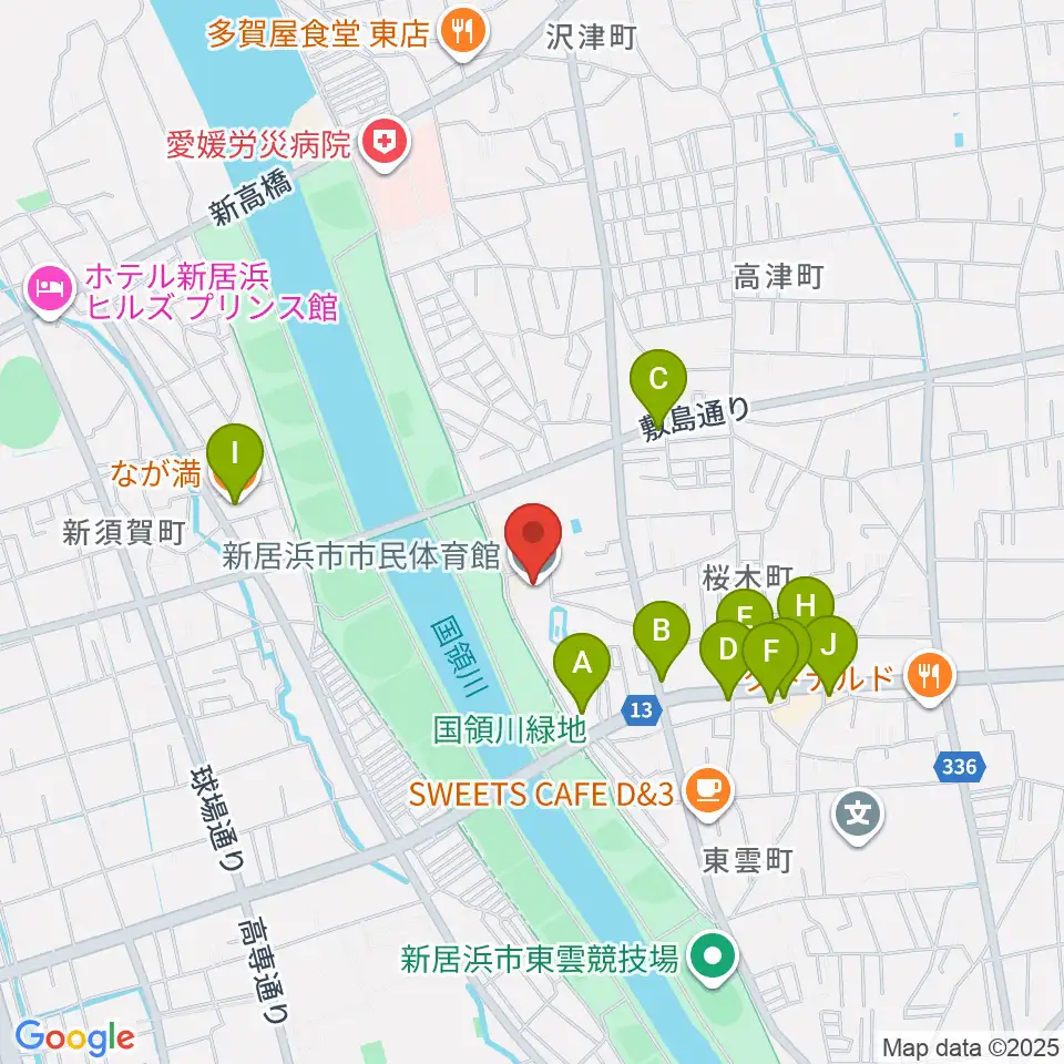 新居浜市市民体育館周辺のファミレス・ファーストフード一覧地図