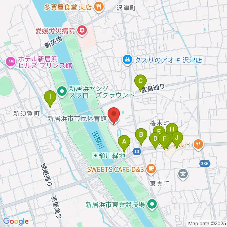 新居浜市市民体育館周辺のファミレス・ファーストフード一覧地図