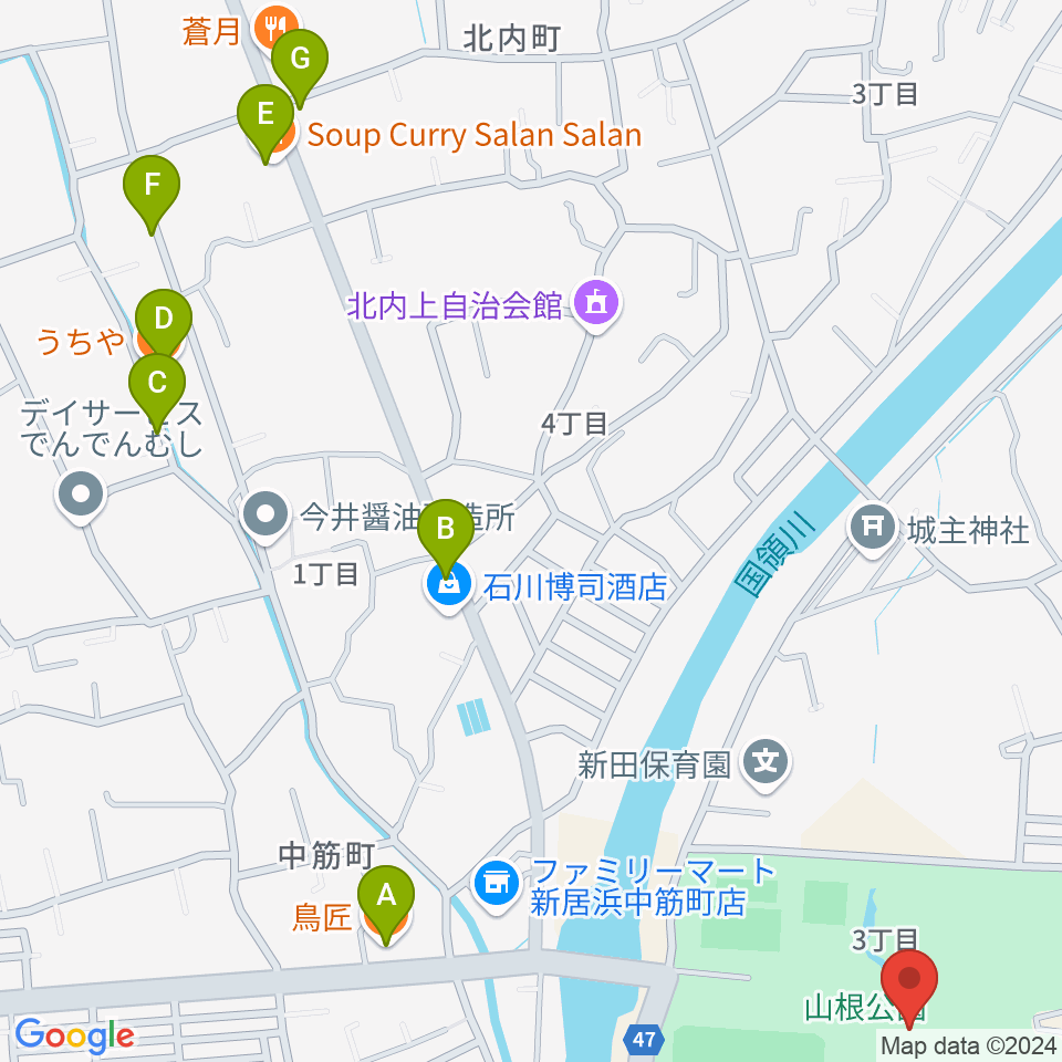 新居浜市山根総合体育館周辺のファミレス・ファーストフード一覧地図