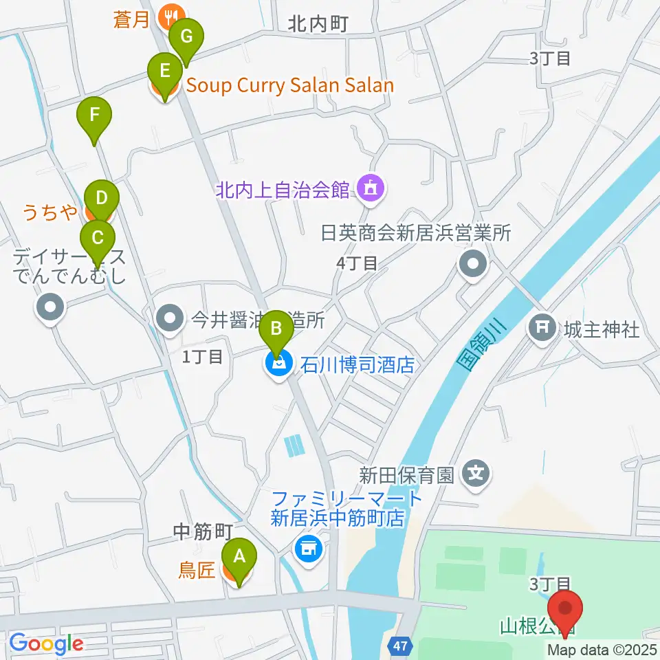 新居浜市山根総合体育館周辺のファミレス・ファーストフード一覧地図