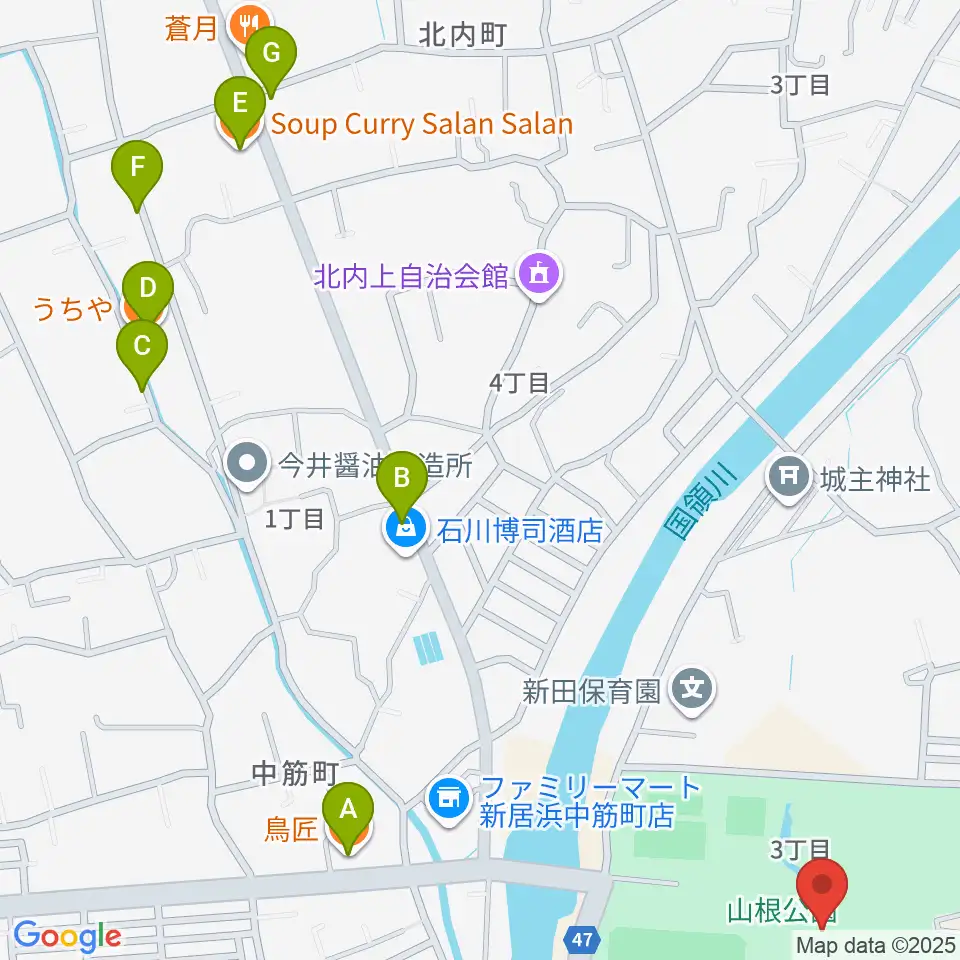 新居浜市山根総合体育館周辺のファミレス・ファーストフード一覧地図