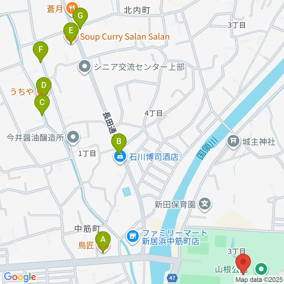 新居浜市山根総合体育館周辺のファミレス・ファーストフード一覧地図