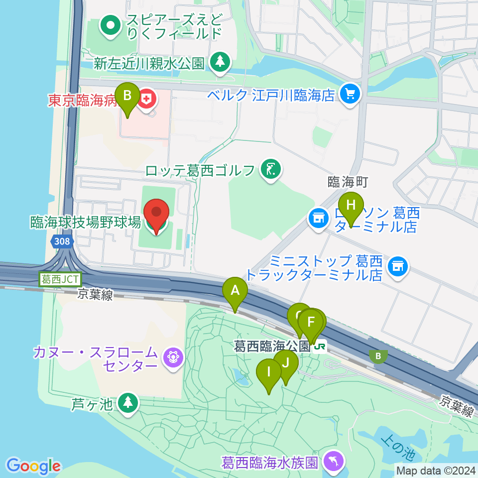 江戸川区臨海球技場野球場周辺のファミレス・ファーストフード一覧地図
