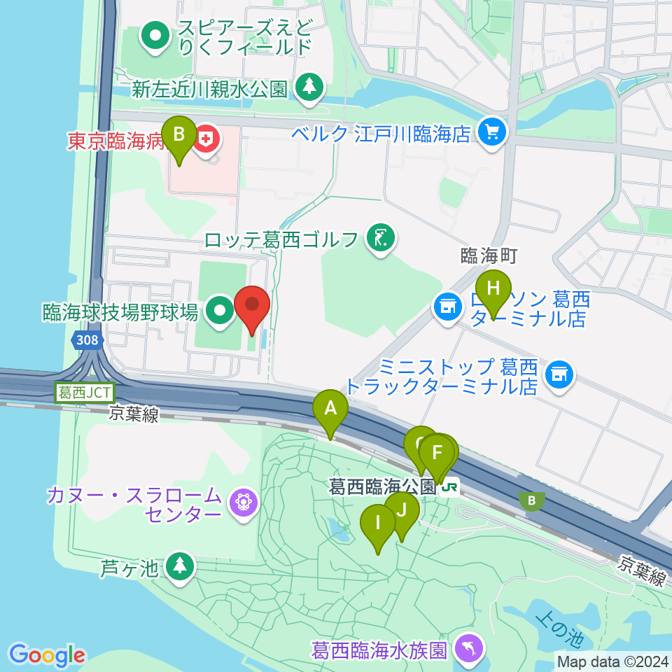 江戸川区臨海球技場フットサルコート周辺のファミレス・ファーストフード一覧地図