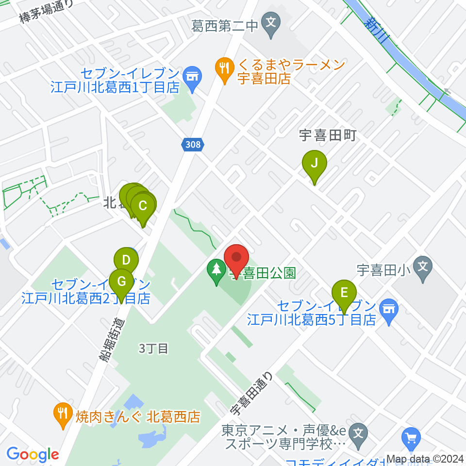 宇喜田公園少年野球広場周辺のファミレス・ファーストフード一覧地図