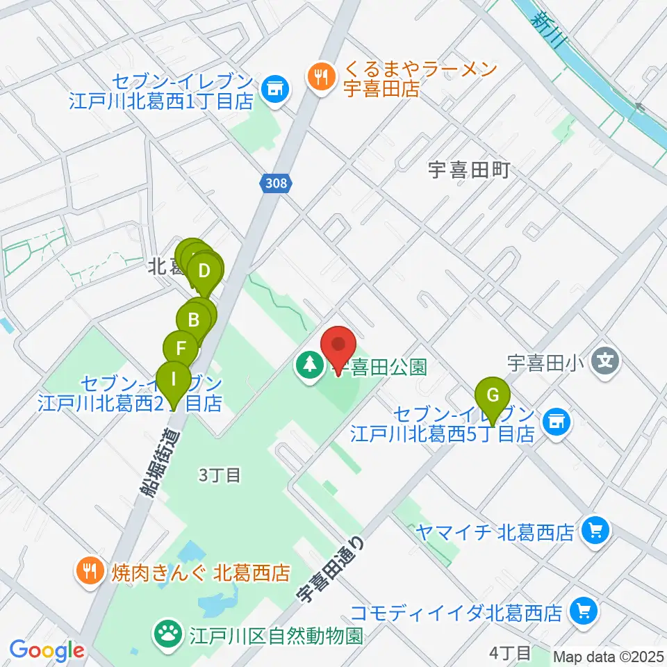 宇喜田公園少年野球広場周辺のファミレス・ファーストフード一覧地図