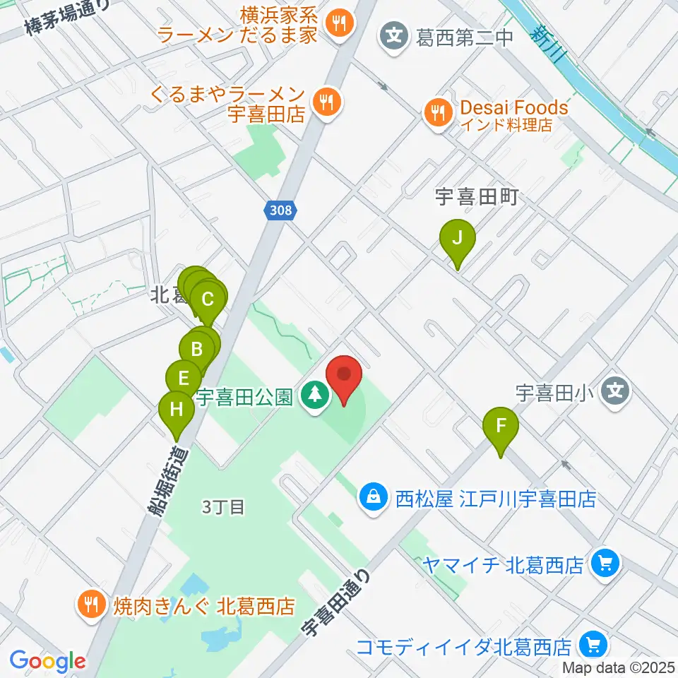 宇喜田公園少年野球広場周辺のファミレス・ファーストフード一覧地図