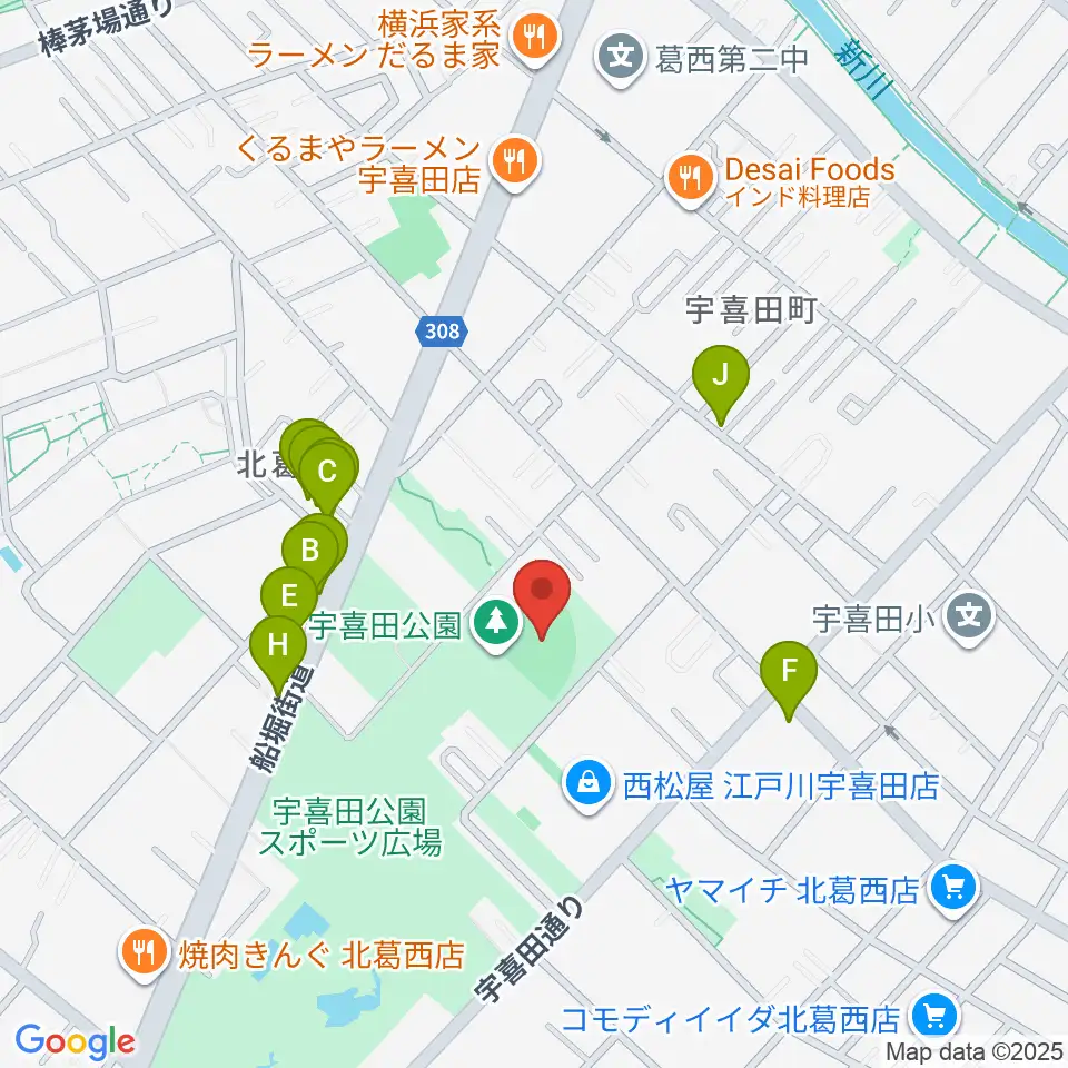 宇喜田公園少年野球広場周辺のファミレス・ファーストフード一覧地図