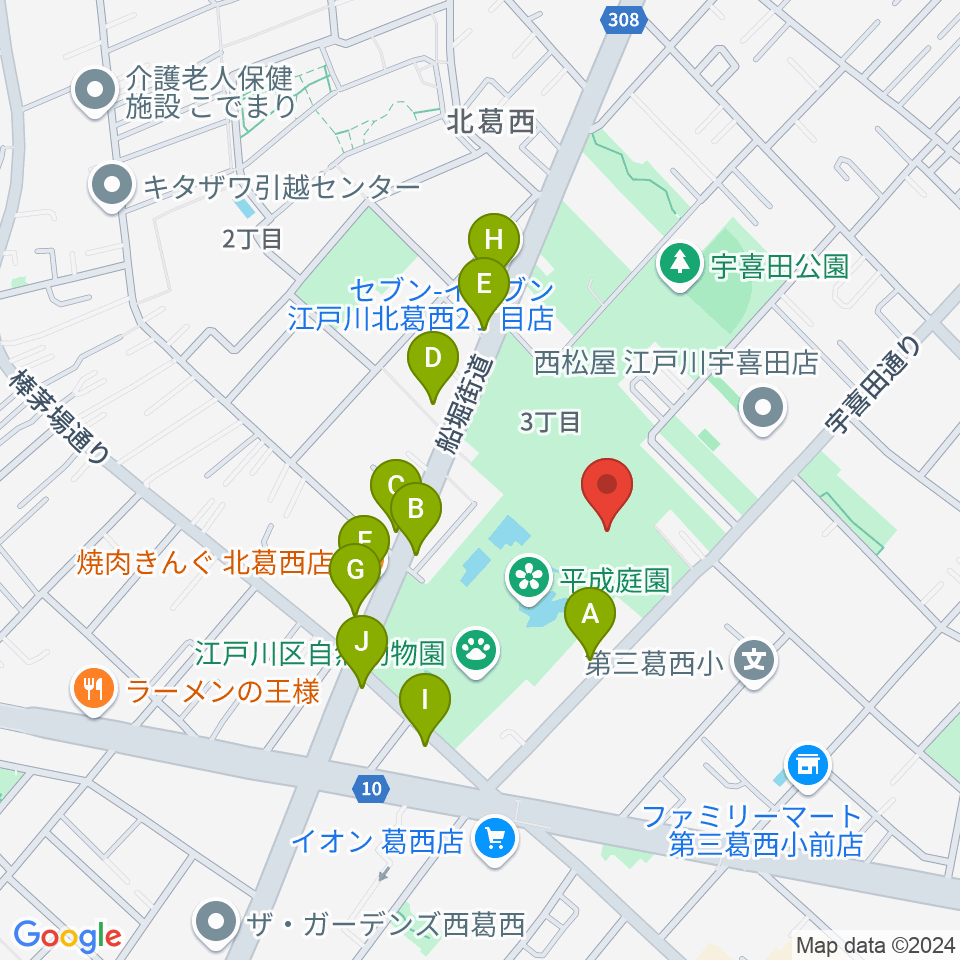 宇喜田公園スポーツ広場周辺のファミレス・ファーストフード一覧地図