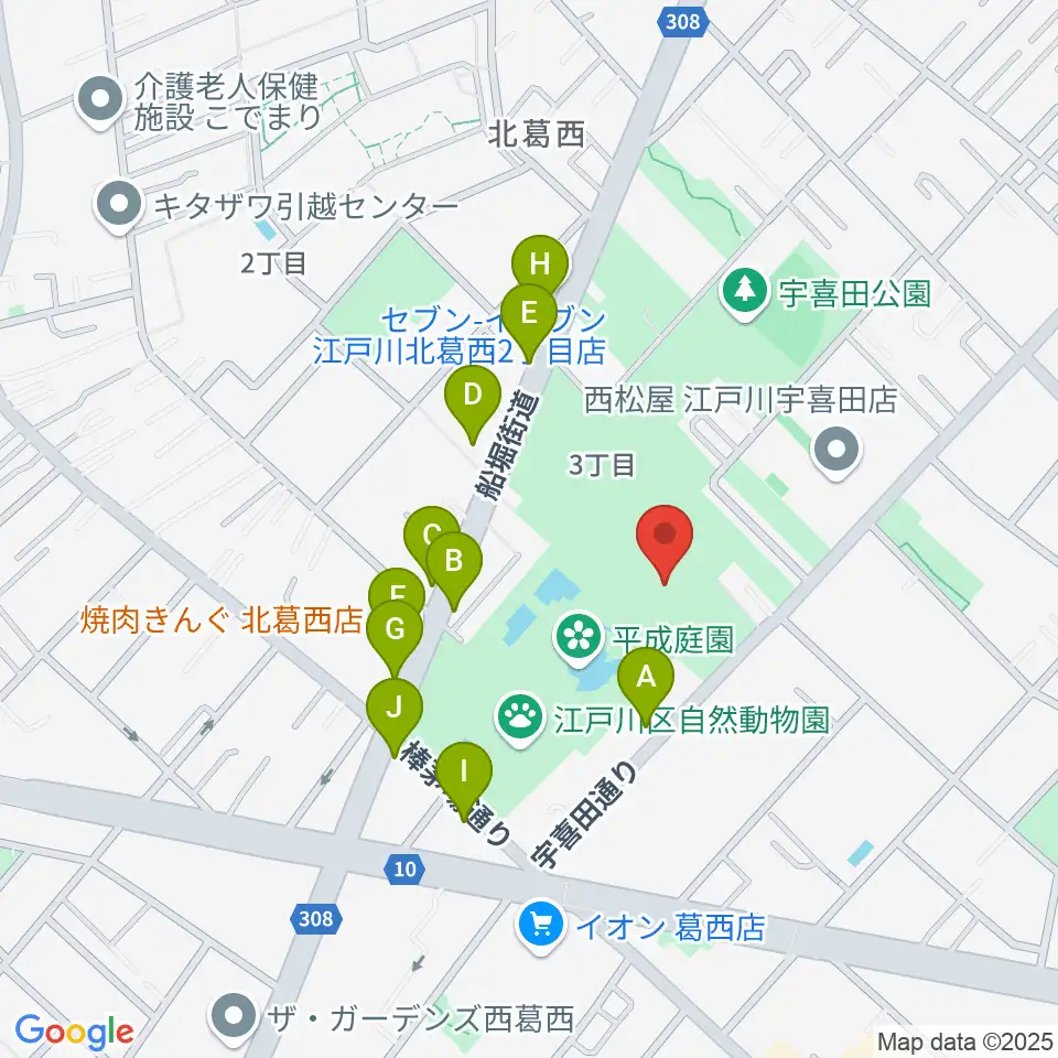 宇喜田公園スポーツ広場周辺のファミレス・ファーストフード一覧地図