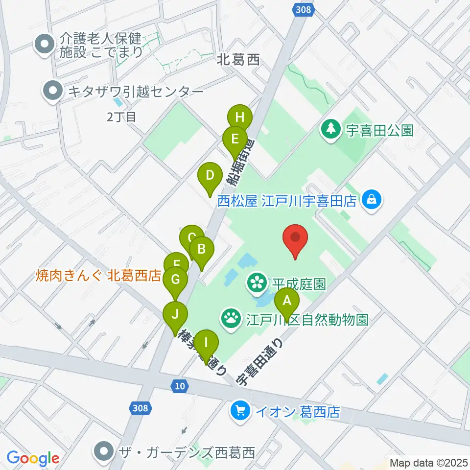 宇喜田公園スポーツ広場周辺のファミレス・ファーストフード一覧地図
