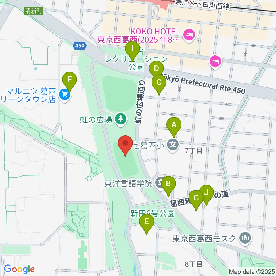 西葛西少年野球広場周辺のファミレス・ファーストフード一覧地図