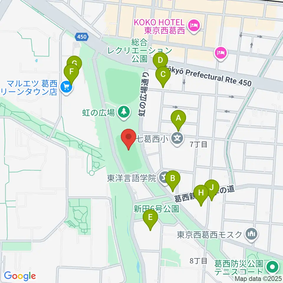 西葛西少年野球広場周辺のファミレス・ファーストフード一覧地図
