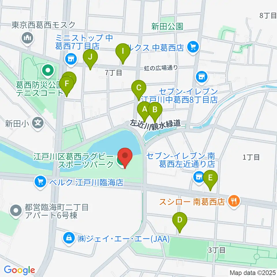 葛西ラグビースポーツパーク周辺のファミレス・ファーストフード一覧地図