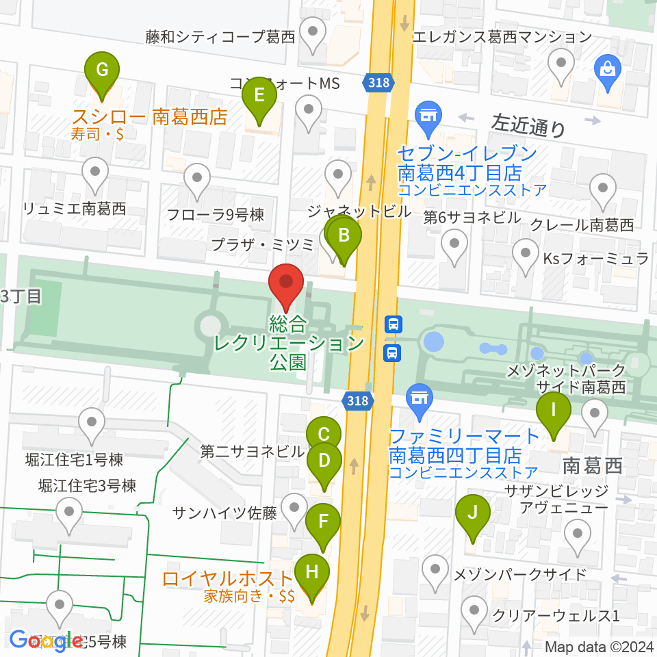 江戸川区総合レクリエーション公園相撲場周辺のファミレス・ファーストフード一覧地図
