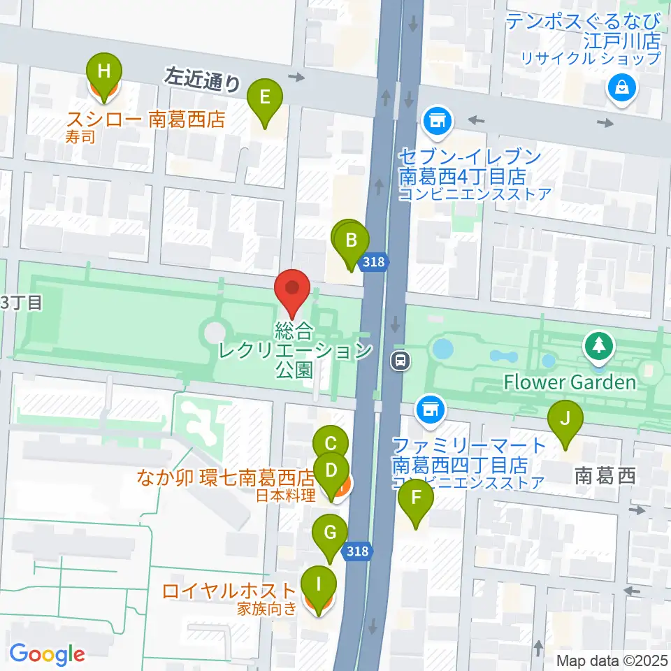 江戸川区総合レクリエーション公園相撲場周辺のファミレス・ファーストフード一覧地図