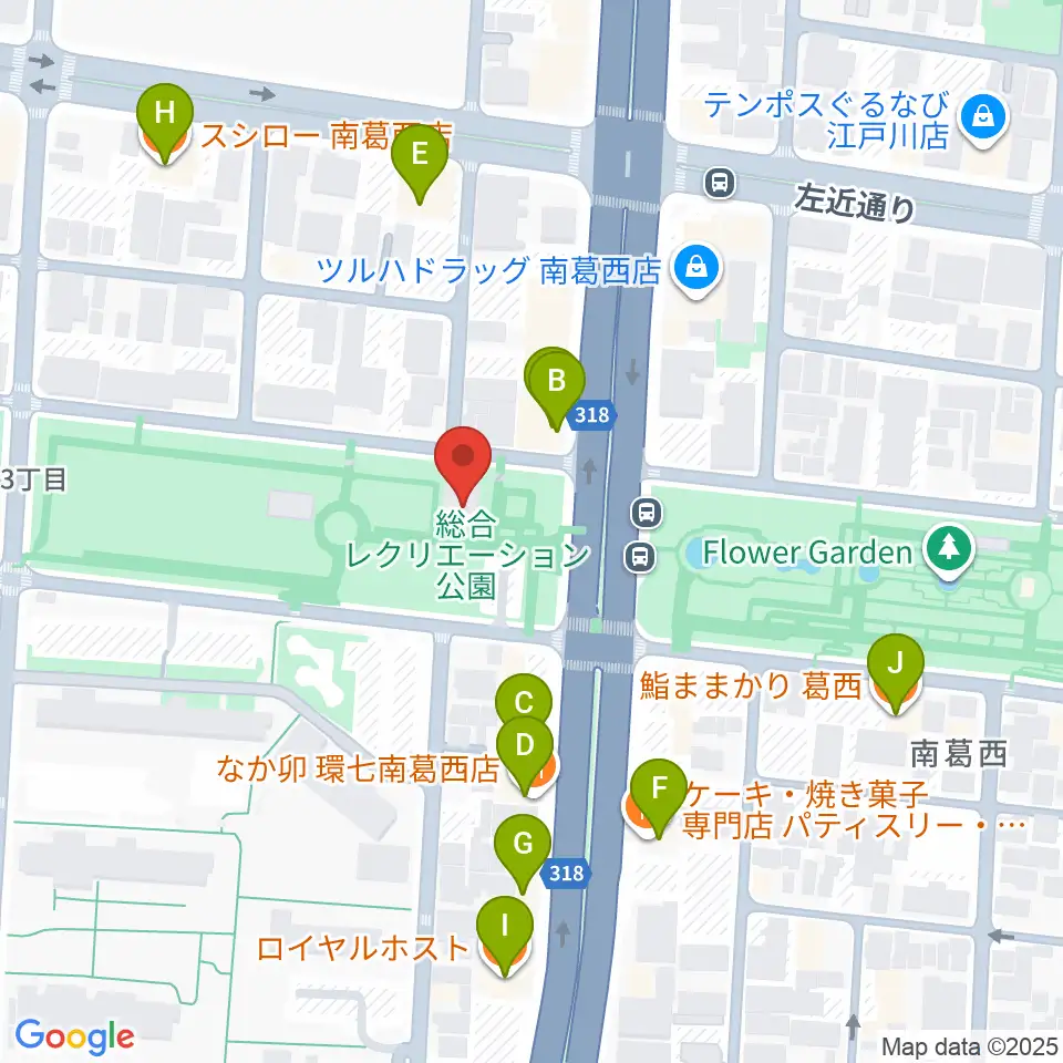 江戸川区総合レクリエーション公園相撲場周辺のファミレス・ファーストフード一覧地図