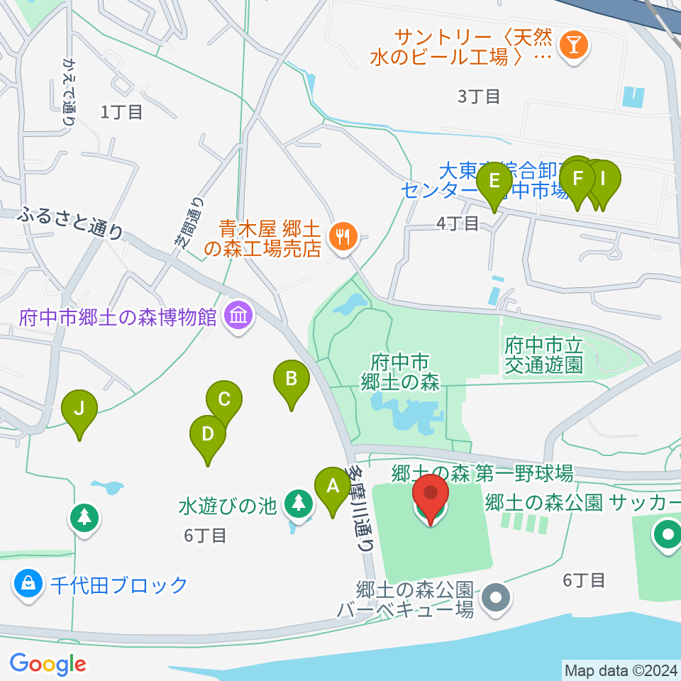 郷土の森第一野球場周辺のファミレス・ファーストフード一覧地図