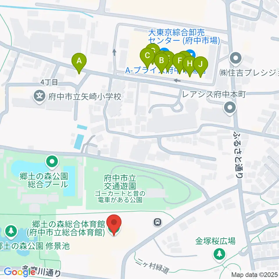 郷土の森総合体育館周辺のファミレス・ファーストフード一覧地図